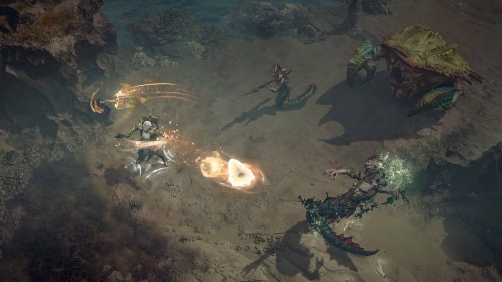 A Paladin battles enemies down a hill toward the valley in Diablo IV Lord of Hatred on Gert Lush Gaming.