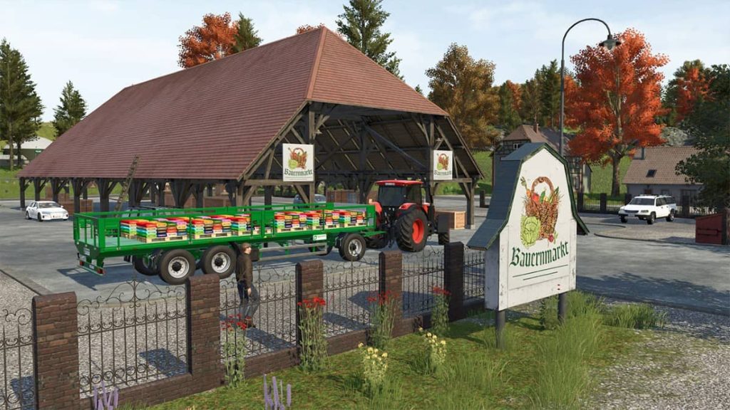 A tractor driver drops off seed and hay bundles at a local shop in Farming Simulator 26 with Gert Lush Gaming.