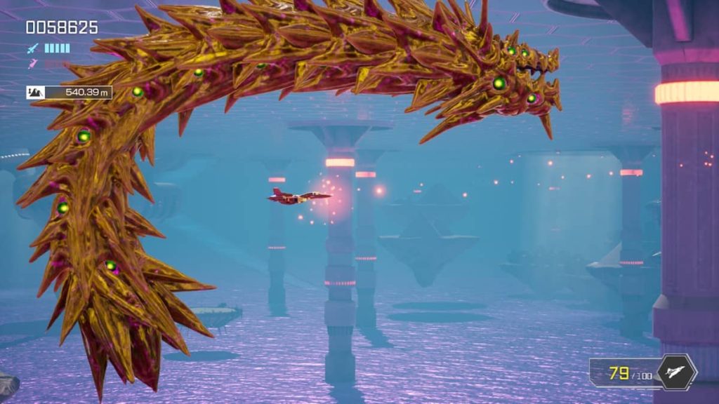 A giant electrified worm boss circles the player character in a tense FZ Formation Z battle from Gert Lush Gaming.