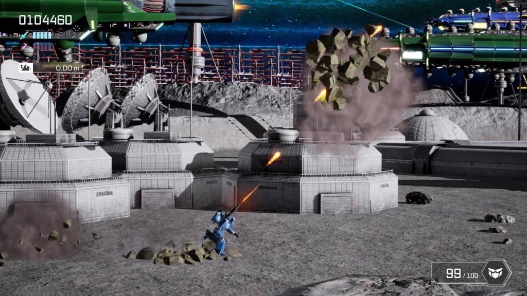 The player mech defends the base perimeter by blasting incoming enemies in FZ Formation Z from Gert Lush Gaming.