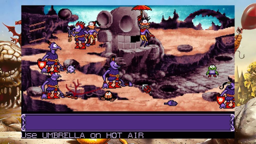 A character floats down using an umbrella while enemies patrol the ground below in Gobliins Collection.