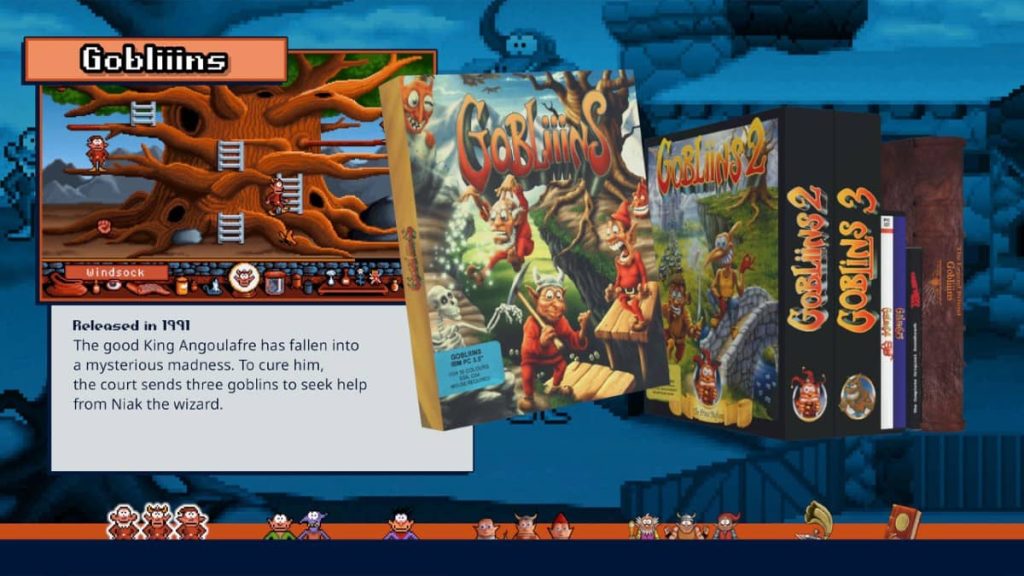 The Gobliins Collection main menu showcases all five games with their original box art and gameplay clips.