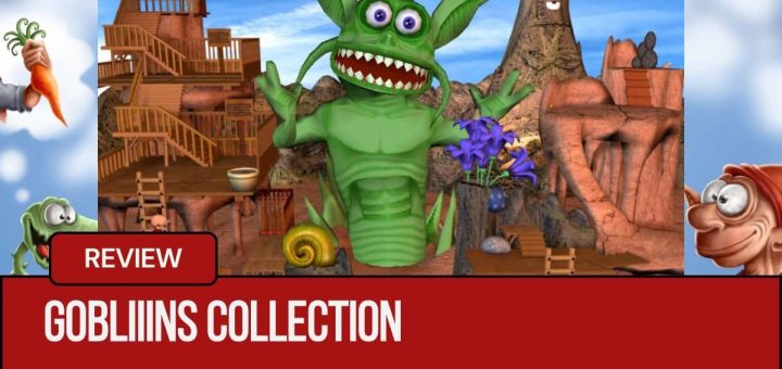 A massive green goblin stands in a chaotic medieval building site during a Gobliins Collection playthrough.