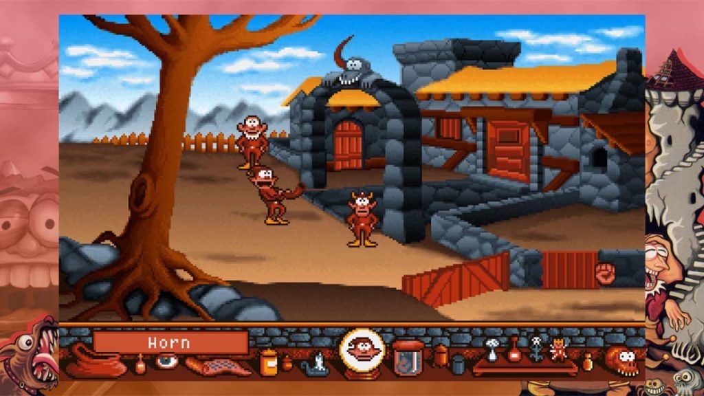 Three characters wait outside a locked log cabin in this tricky Gobliins Collection puzzle screen.