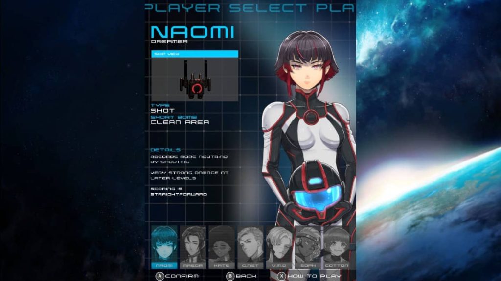 Gert Lush Gaming highlights Naomi on the character select screen of Psyvariar 3 Switch 2 Edition.