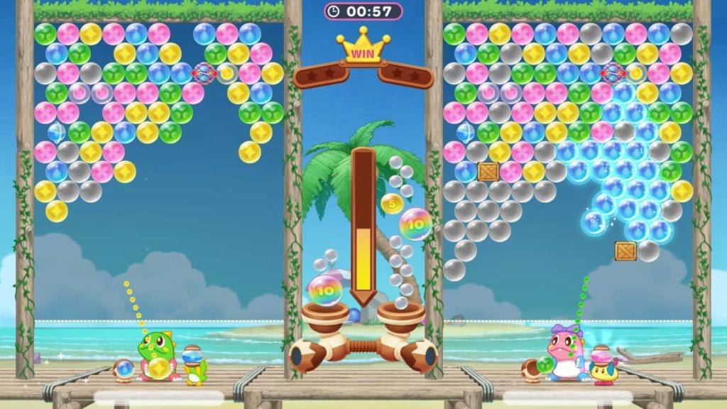 Two players face off in a tense one-versus-one competitive battle in Puzzle Bobble Everybubble! on Gert Lush Gaming.