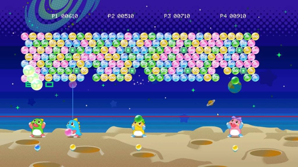 Players team up in local co-op during the Space Invaders crossover mode in Puzzle Bobble Everybubble! on Gert Lush Gaming.
