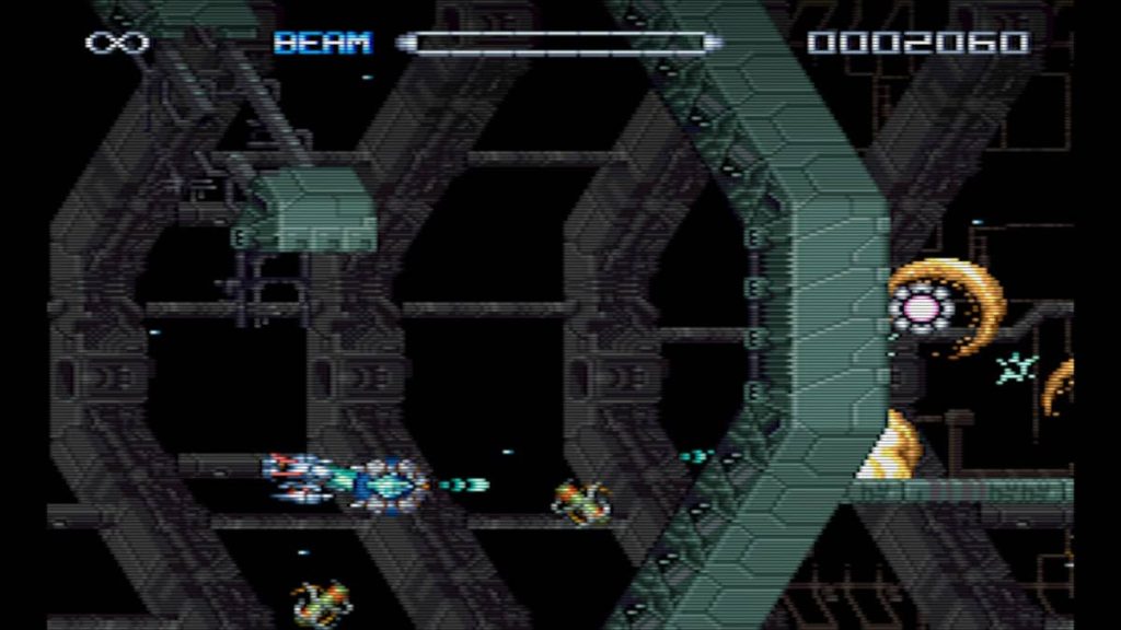 Gert Lush Gaming fires a charge shot in R-Type Dimensions III using the classic graphics mode with retro scanlines.
