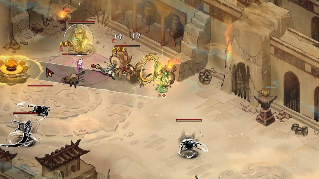 A desert town battle showcases the precise ranged attack aiming mechanics in Realm of Ink by Gert Lush Gaming.