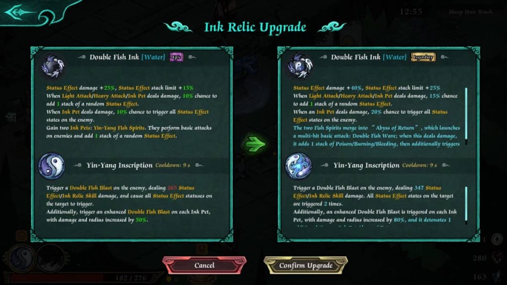 The detailed relic upgrade screen displays comprehensive stat tracking and depth in Realm of Ink by Gert Lush Gaming.
