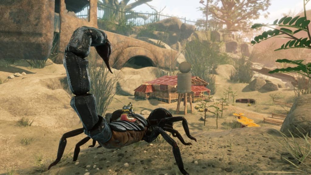 A player rides on the back of a giant scorpion into the garden in Smalland Survive the Wilds by Gert Lush Gaming.