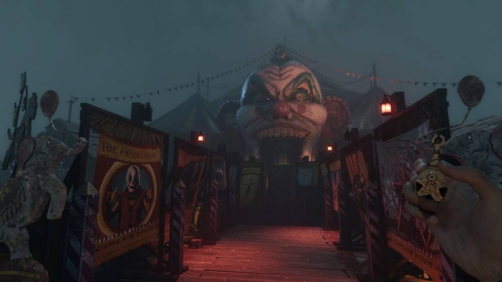 A menacing huge clown doorway looms outside a deeply unsettling circus area in The Occultist by Gert Lush Gaming.