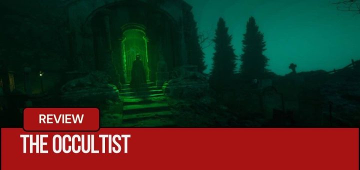 A spooky shrouded figure with glowing green eyes stands before a gothic doorway in The Occultist from Gert Lush Gaming.