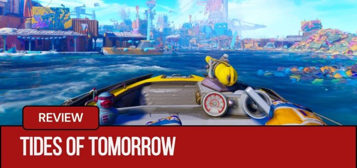 A player steers a boat toward a floating town in Tides of Tomorrow, captured by Gert Lush Gaming.