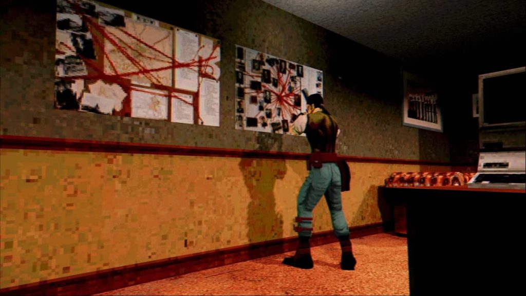 A character studies a map and suspect photos on a wall in a dimly lit Vultures Scavengers of Death room by Gert Lush Gaming.