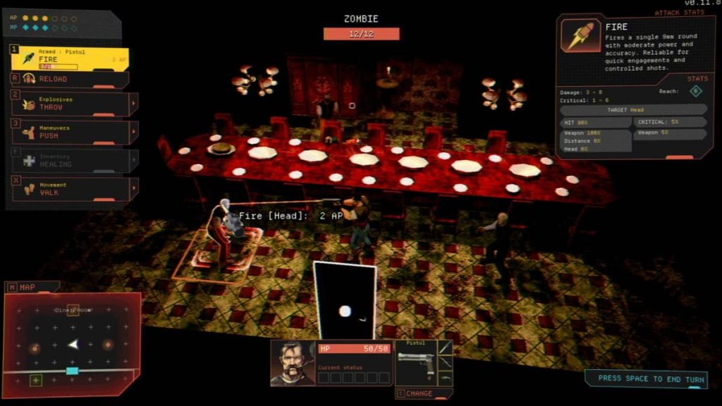 Characters investigate a dining room with a long red table and white plates in Vultures Scavengers of Death by Gert Lush Gaming.