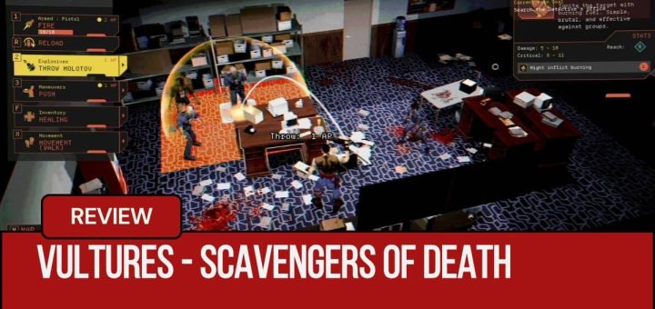Zombies charge a player aiming weapons in an office battle from Vultures Scavengers of Death by Gert Lush Gaming.