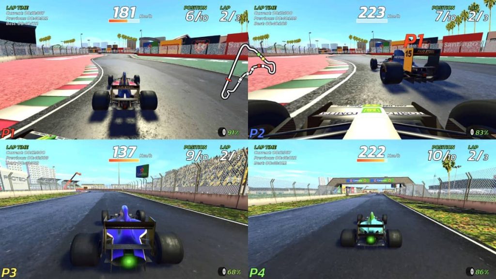 Gert Lush Gaming captures a 4PGP four-player splitscreen race that maintains high detail across all screens.