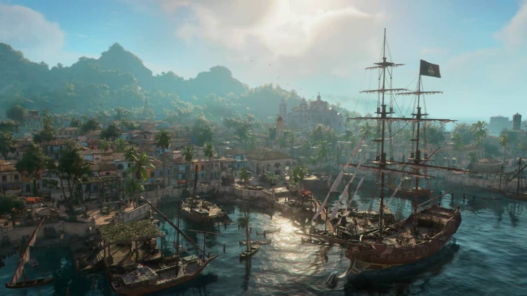 Gert Lush Gaming showcases the incredible detail of the bright blue seas and summer sky in an aerial port shot of the game.