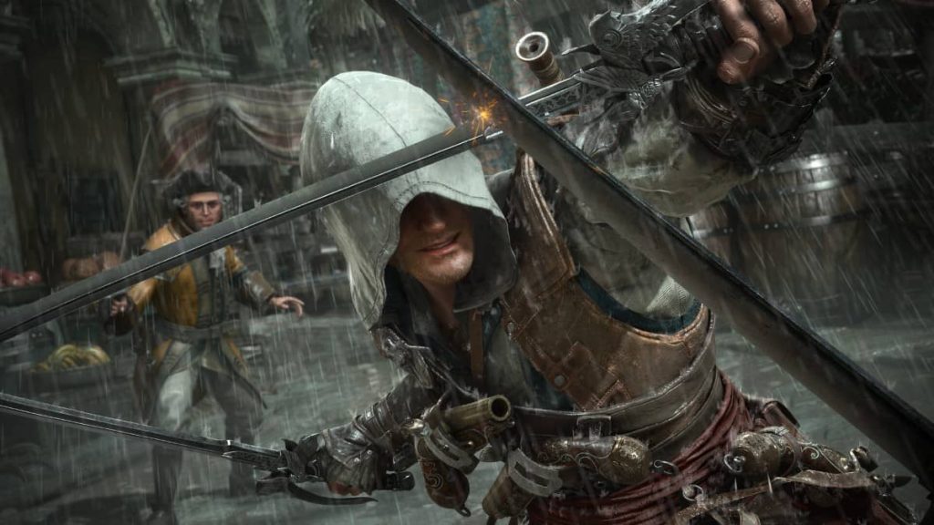 Gert Lush Gaming captures the intensity of combat as Kenway crosses blades with an enemy during a downpour in the game.
