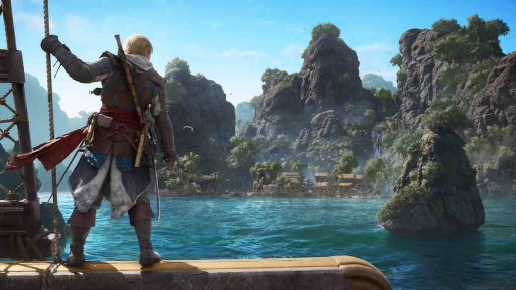 Gert Lush Gaming captures a tranquil moment as Kenway observes a distant, smoking settlement from his ship's rail.