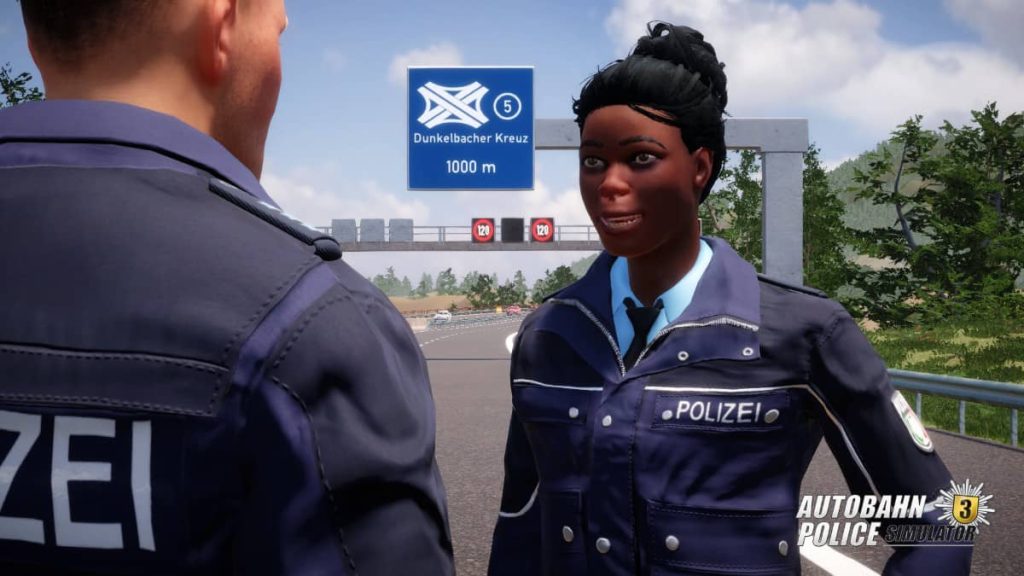 Gert Lush Gaming highlights the impressive character detail as two officers converse in Autobahn Police Simulator 3.