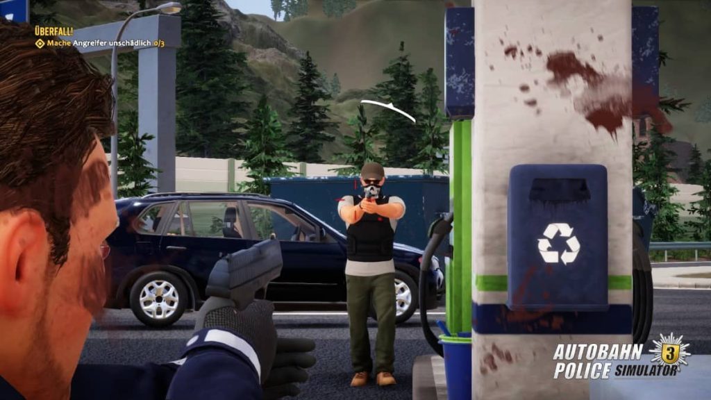 Gert Lush Gaming captures a tense first-person perspective shootout at a petrol station in Autobahn Police Simulator 3.
