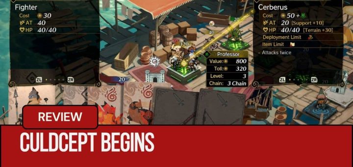A town-themed board in Culdcept Begins as reviewed by Gert Lush Gaming, showcasing card placement and setup.