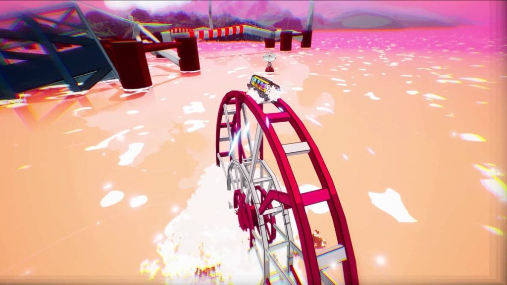 Gert Lush Gaming drives the train across a broken ferris wheel at sunset.