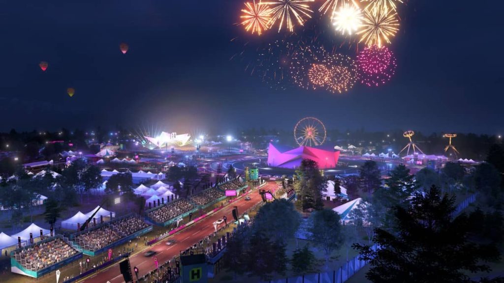 Gert Lush Gaming captures a stunning aerial view of the illuminated festival grounds and fireworks in Forza Horizon 6.