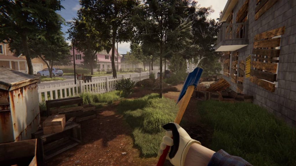 Gert Lush Gaming prepares to clear an overgrown tree with an axe in House Flipper Remastered Collection.