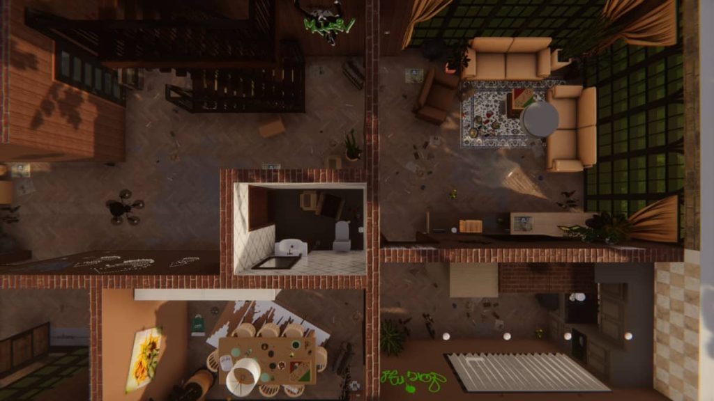 Gert Lush Gaming utilizes a bird's eye view to plan interior designs in House Flipper Remastered Collection.