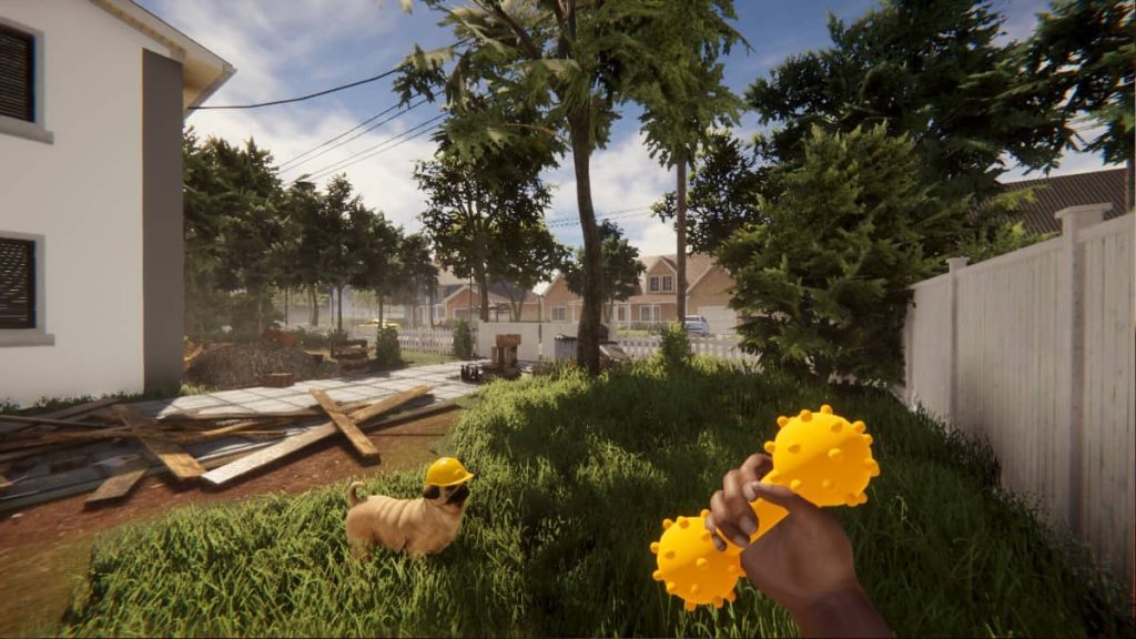 Gert Lush Gaming plays with a pug wearing a hardhat in the garden in House Flipper Remastered Collection.