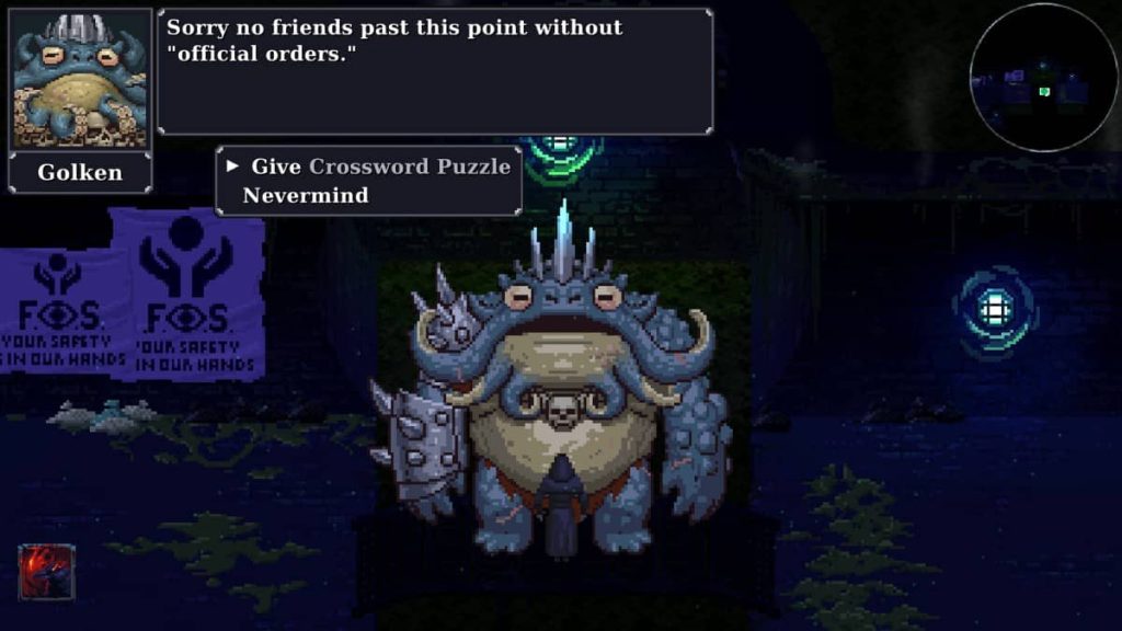 Gert Lush Gaming offers a crossword puzzle to a monster during a Kingdom of Night interaction.