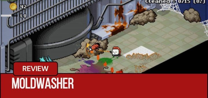 Gert Lush Gaming scrubs away piles of bacteria hidden behind a fridge in the vibrant pixel art world of Moldwasher.