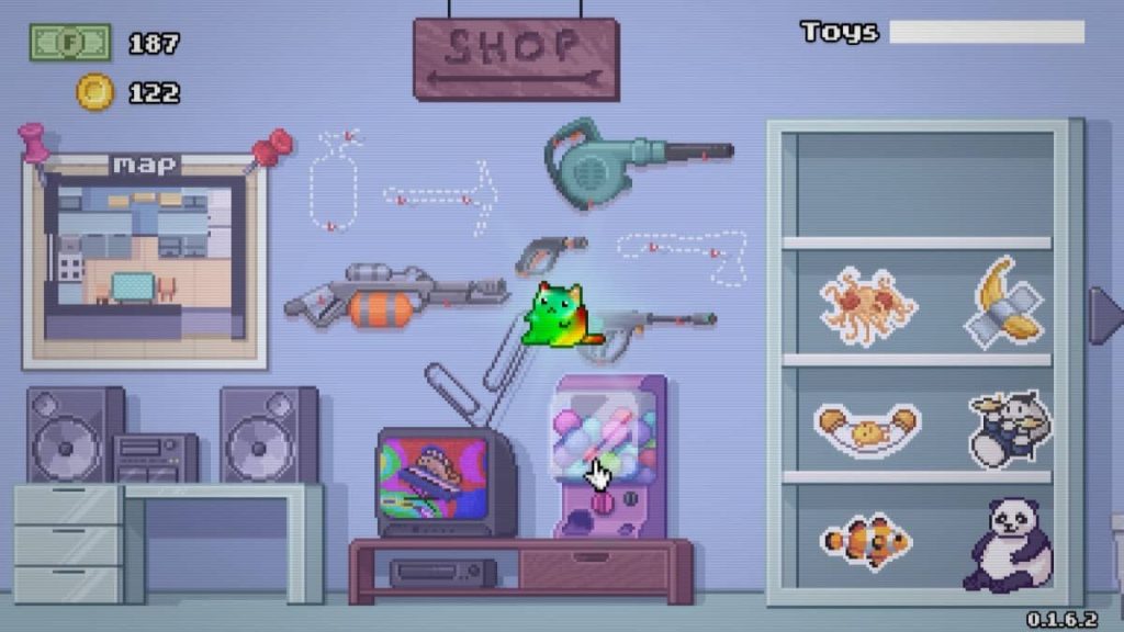 Gert Lush Gaming decorates the walls and shelves with custom media in this Moldwasher level customization screen.