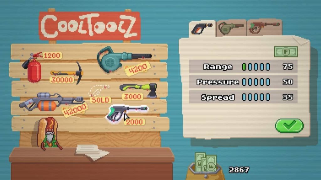 Gert Lush Gaming browses the shop to unlock and upgrade specialized cleaning tools in Moldwasher.