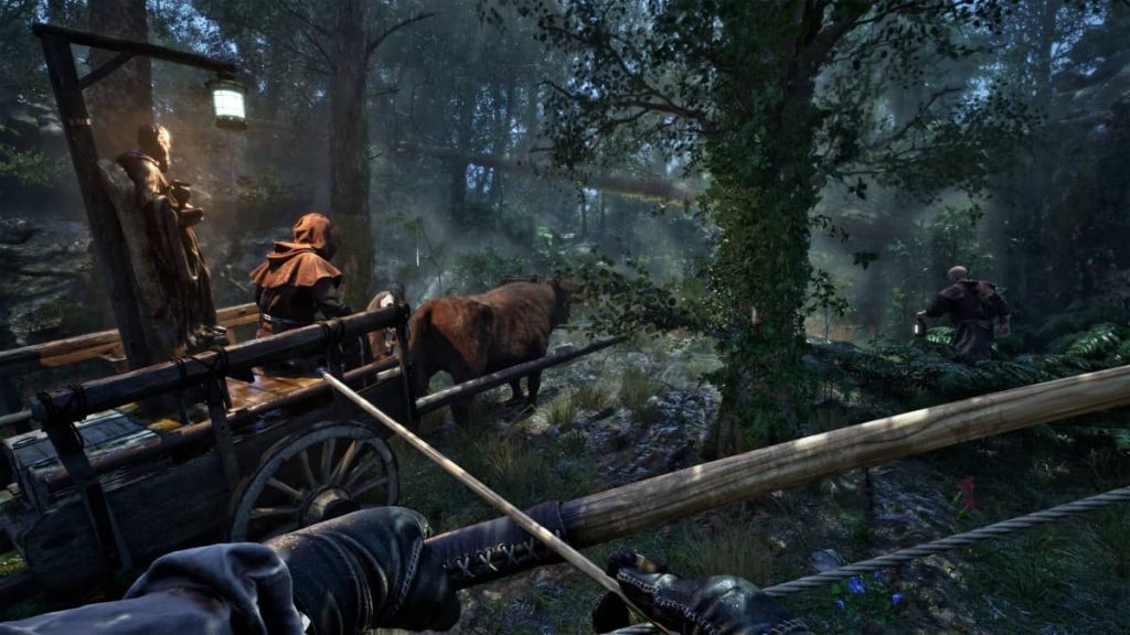 A first-person view in The Mound: Omen of Cthulhu as Gert Lush Gaming aims a bow at forest threats to protect an ox.