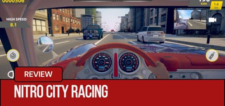 A view from the driver's seat during a busy Nitro City Racing street race reviewed by Gert Lush Gaming.
