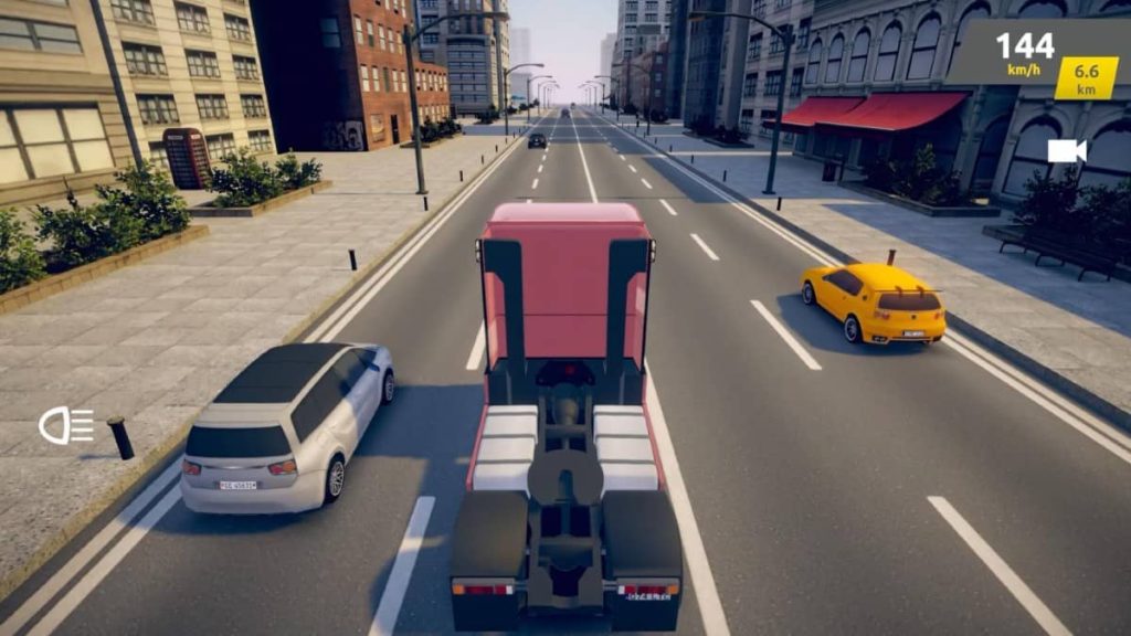 Driving a massive truck down a busy straightaway surrounded by traffic in Nitro City Racing on Gert Lush Gaming.