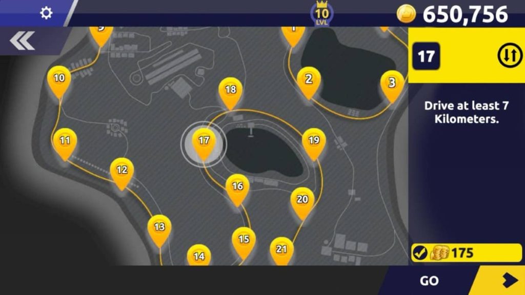 The Nitro City Racing world map interface displaying event selection and missions on Gert Lush Gaming.