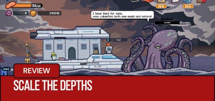 An astronaut chats with a kraken customer on choppy seas in Gert Lush Gaming's Scale the Depths screenshot.