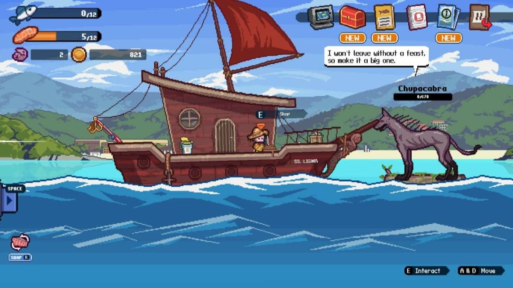 A player chats with a chupacabra customer aboard a run-down boat in Gert Lush Gaming's Scale the Depths.
