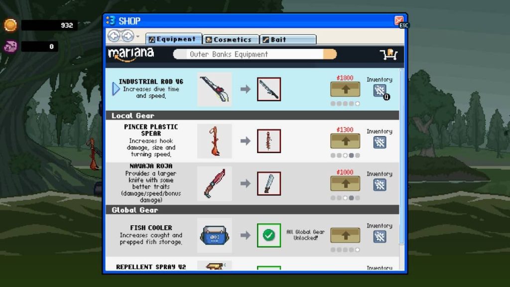 The shop screen in Scale the Depths shows line length, hooks, and rod upgrades on Gert Lush Gaming.