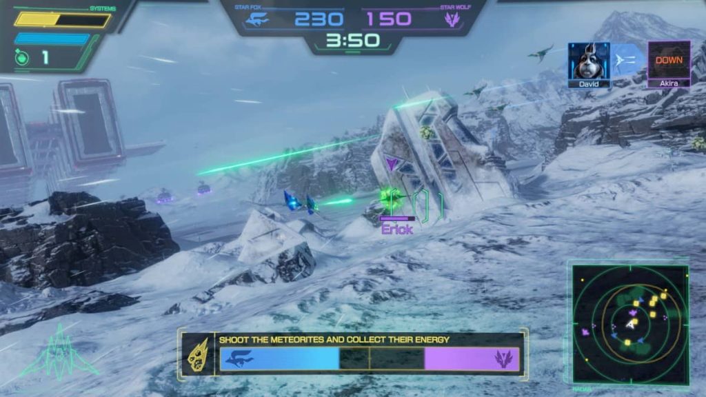 Gert Lush Gaming checks out the Star Fox Switch 2 multiplayer mode on a snowy level featuring active score bars.