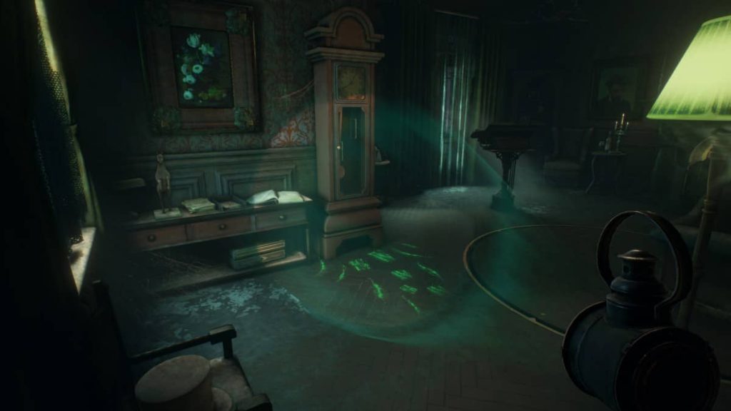 Gert Lush Gaming highlights eerie glowing footprints near the grandfather clock in the dark foyer of The 7th Guest Remake.