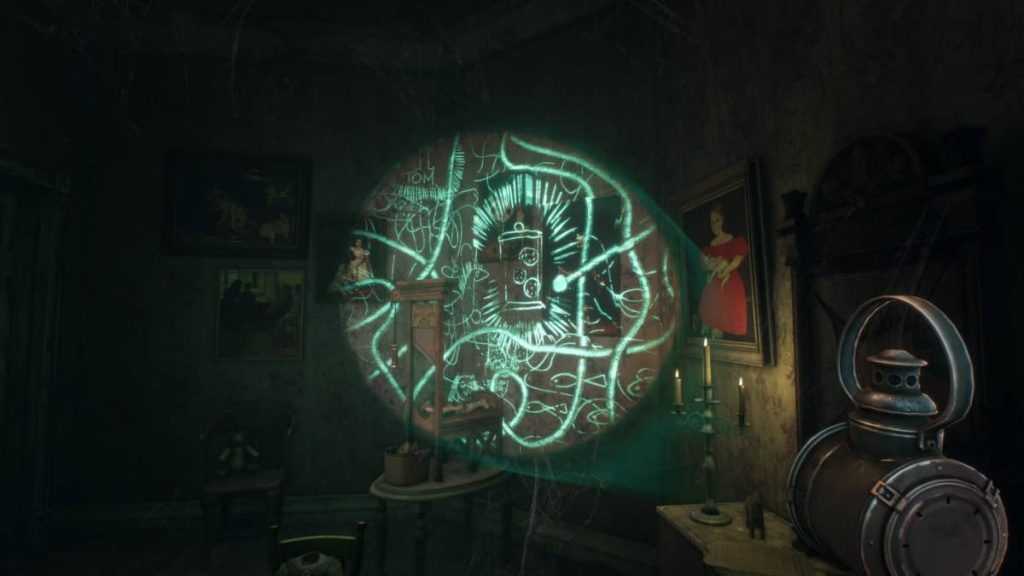 Gert Lush Gaming uses a torch to reveal mysterious glowing sigils and wall clues throughout The 7th Guest Remake.