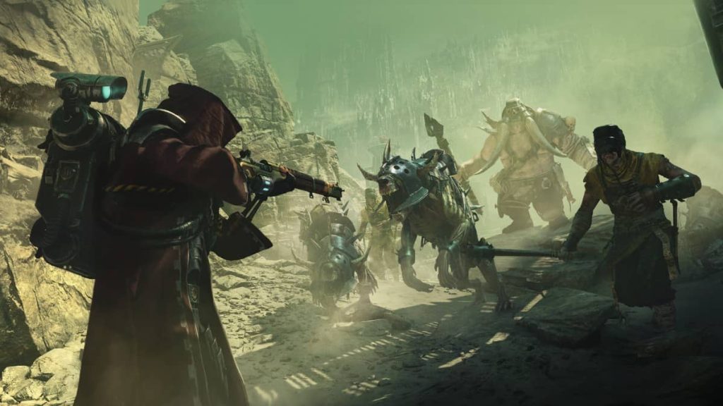 A Skitarii soldier aims down their rifle at an advancing mob during a Gert Lush Gaming playthrough of Warhammer 40k Darktide.