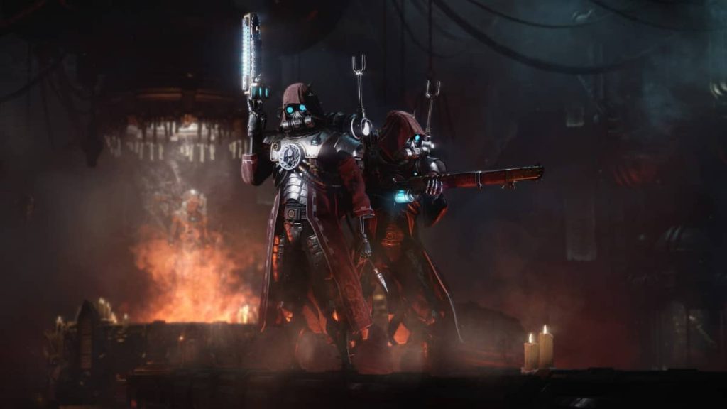 Two armed Skitarii look around dark ruins ready for a fight in the Gert Lush Gaming look at Warhammer 40k Darktide.