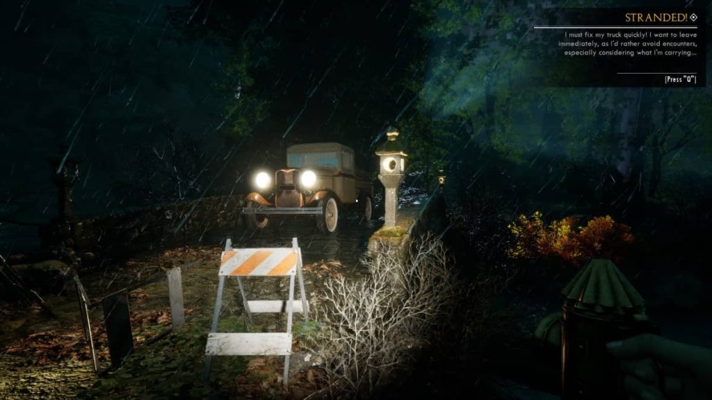 A blocked road and a flat tire create a bleak, dark scene in What have you done, Father? explored by Gert Lush Gaming.